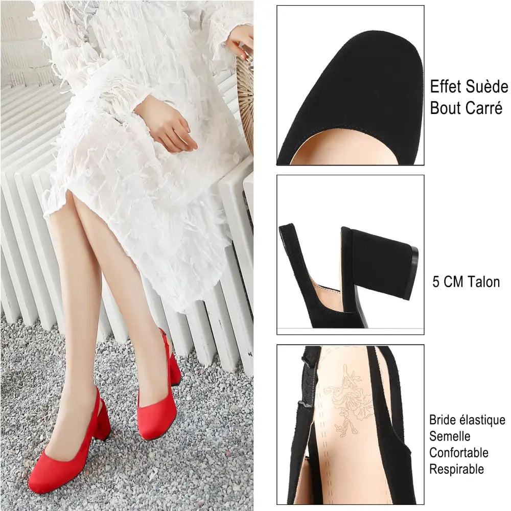 OALEEN Escarpins Femme Eté Petit Talon Bloc Bout Carré Bride Arrière Chaussures Ouverte Slingback Soirée Mariage Rouge